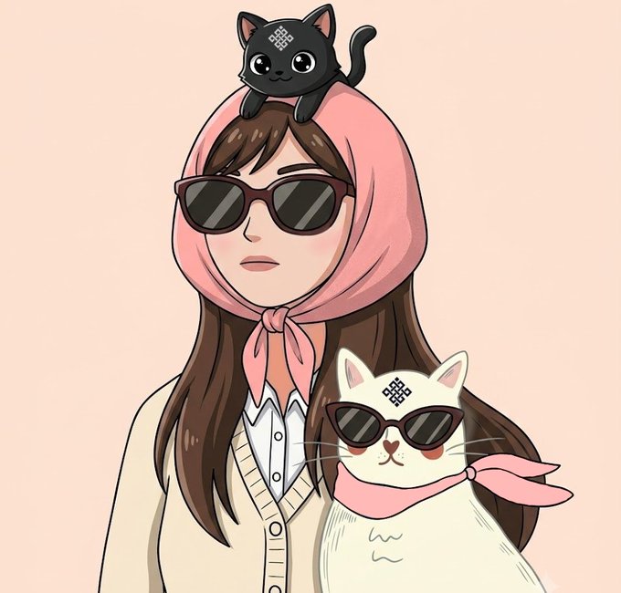 An anime-style illustration of a woman wearing a pink headscarf and sunglasses with a black cat on her head, alongside a white cat wearing sunglasses and a pink bandana.