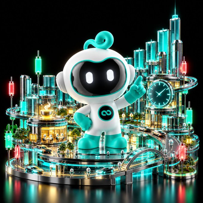 A 3D-rendered illustration of a white and teal robot mascot with an infinity symbol on its chest, pointing upward while standing on a circular platform surrounded by a futuristic cityscape with skyscrapers, a clock, and glowing financial-themed elements.