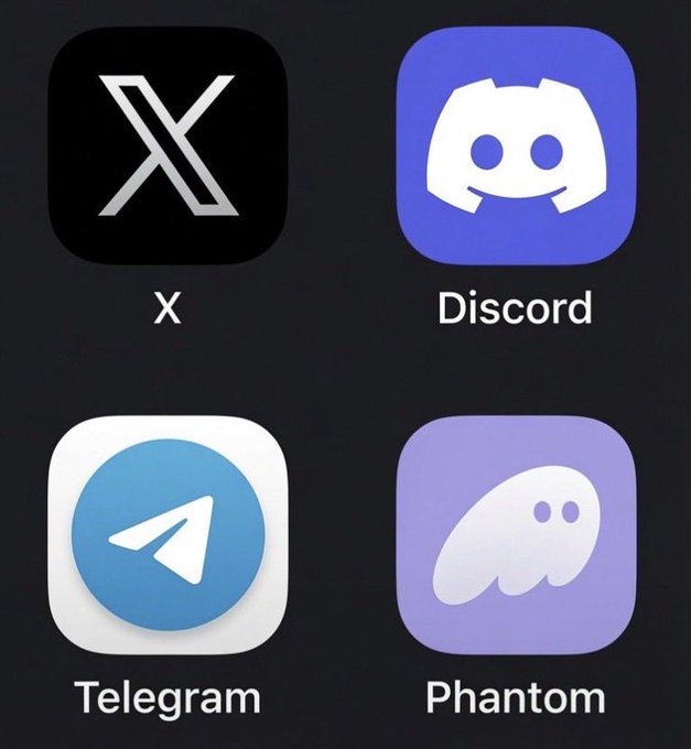 Grid of four popular app icons on a dark background: X (formerly Twitter), Discord, Telegram, and Phantom (crypto wallet).