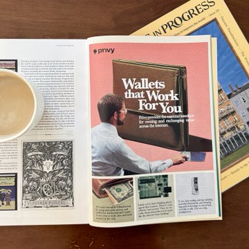An open magazine spread displays an advertisement for "privy" with the headline "Wallets that Work For You," showing a person interacting with a large digital wallet interface alongside articles about dollar bills and international travel.