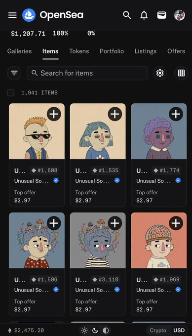 A screenshot of the OpenSea mobile application displaying the 'Items' tab with a grid of NFT character listings, showing prices and 'Top offer' values, with the total at the bottom reading '$2,475.20'.