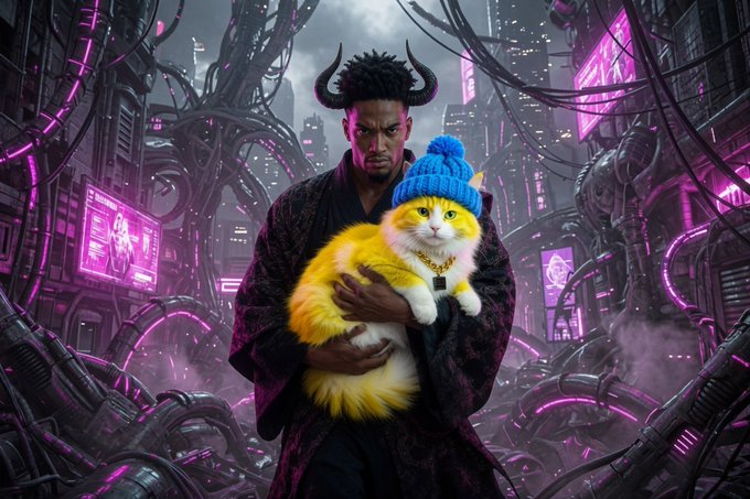 A man with black horns and a patterned robe holds a large orange and white cat wearing a blue pom-pom beanie, set against a dark, cyberpunk cityscape background with pink neon lights.
