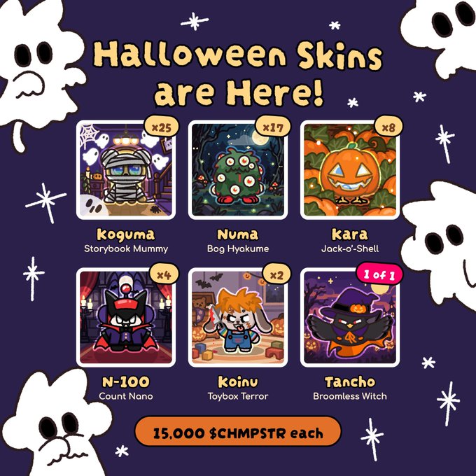 A purple Halloween-themed game shop poster says “Halloween Skins are Here!” and lists six skins: Koguma, Numa, Kara, N-100, Koinu, and Tancho, with prices such as x25, x17, x8, x4, x2, and “1 of 1.”