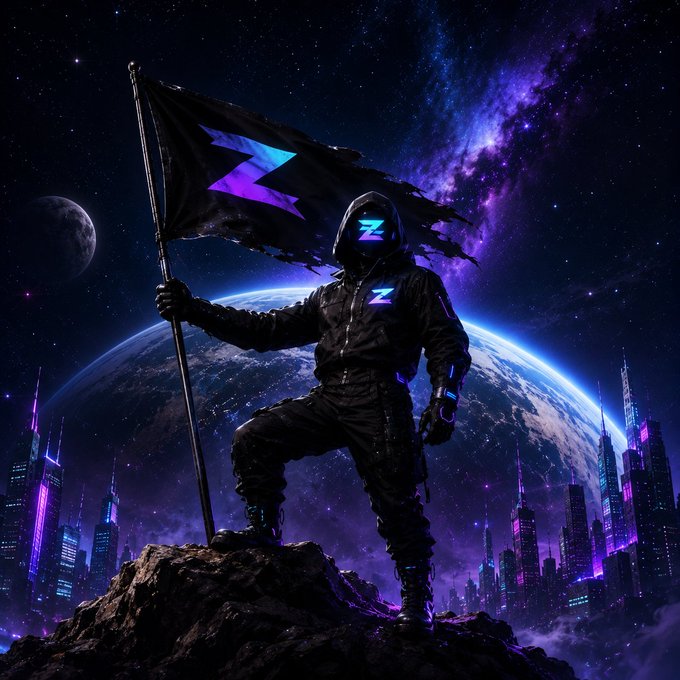 A digital artwork of an astronaut in a black suit with purple 'Z' symbols holding a black flag with a blue and purple 'Z' logo, standing on a rock with Earth and a futuristic city in the background.