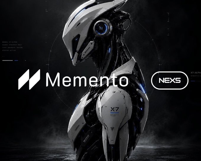 A futuristic promotional graphic featuring a sleek humanoid robot with white armor plating and blue glowing eyes, branded 'Memento NEX5' with X7 model designation visible on its shoulder.