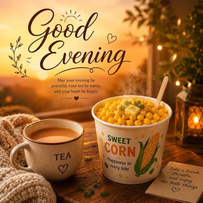 A steaming cup of tea and a bowl of sweet corn with the text "Good Evening" and "May your evening be peaceful, your tea be warm, and your heart be happy" set against a cozy sunset backdrop. The image's warm, calming aesthetic of evening relaxation pairs with the post's uplifting message about embracing peace, positive energy, and fresh hope for tomorrow, reinforcing the bullish sentiment toward @RiverdotInc, @River4fun, and $RIVER.