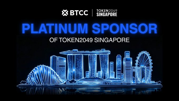 BTCC is announced as a Platinum Sponsor of TOKEN2049 Singapore 2026, with a neon-blue skyline of Singapore landmarks (including Marina Bay Sands and the Singapore Flyer) set against a dark background beneath the event branding.