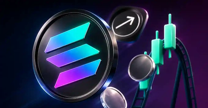 A digital illustration featuring the Solana logo (SOL) alongside green candlestick chart elements and an upward arrow on a dark purple background.