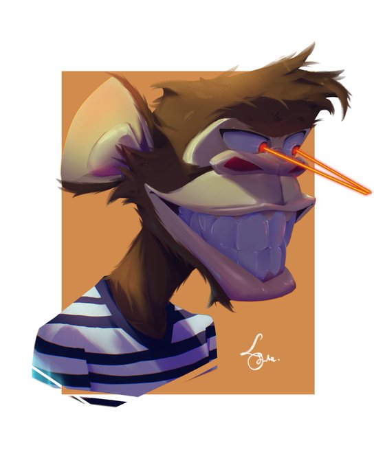 A digital painting depicts a stylized monkey character with glowing red eyes and laser beams, wearing a striped shirt against an orange background, signed by the artist 'Lou.'