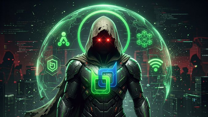 A dark digital art image of a hooded, armored figure with glowing red eyes surrounded by a green circular energy shield featuring icons for AI, security, WiFi, and a central glowing logo.