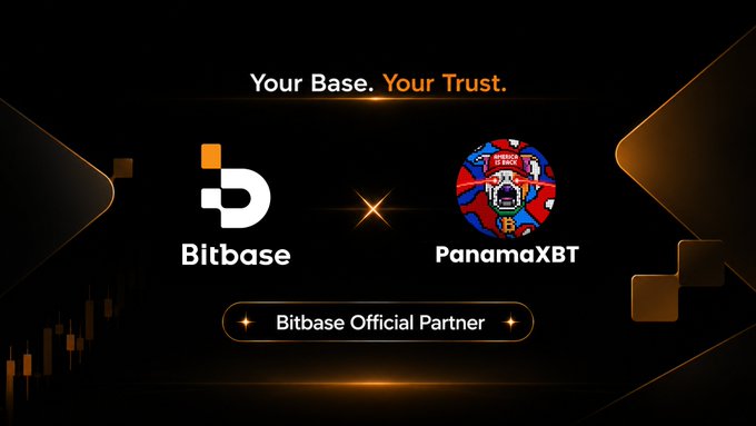 The image features a dark, sleek graphic announcing a partnership, displaying the Bitbase and PanamaXBT logos alongside the tagline "Your Base. Your Trust." and a banner reading "Bitbase Official Partner." It visually reinforces the post's announcement of the partnership with Bitbase_Ex, emphasizing themes of trust and collaboration.