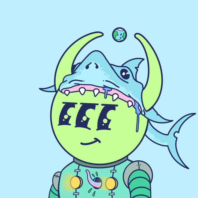 The image features a cartoon character wearing a green suit with a skull and crossbones design, standing against a blue background. The character has a large mouth open wide, revealing teeth that are yellowed from age. A ball is located on top of their head, adding an element of surprise to the scene. The character appears to be in a playful mood or pose for a photo.