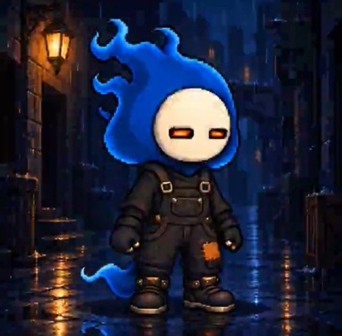 A stylized character with glowing white eyes and flowing blue flame-like hair stands in a rainy, atmospheric alleyway wearing dark overalls and boots.