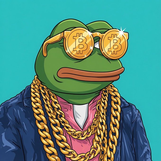 A cartoon illustration of a green frog, the popular Pepe meme character, wearing gold Bitcoin sunglasses and multiple thick gold chains, dressed in a blue jacket and pink shirt against a teal background.
