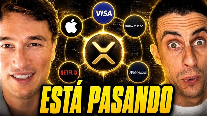 A thumbnail featuring faces of Pavel Durov (left) and Sam Bankman-Fried (right) alongside logos for Visa, Apple, SpaceX, Netflix, JPMorgan, and a central "X" symbol, with Spanish text "ESTÁ PASANDO" (It's Happening) at the bottom. The image teases dramatic developments in tech and crypto industries, aligning with the post's announcement of a video discussing significant news with @onchainschool.