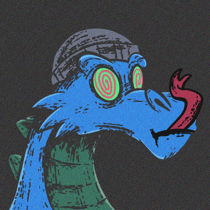 A cartoon illustration of a blue dragon with hypnotic, spiraling green and pink eyes and a bright red tongue licking its snout, set against a dark background. The dragon's dazed, spellbound expression cleverly complements the post's announcement of the $GOG meme and art contest, as it visually reflects the "spells" and contest theme discussed in the tweet.