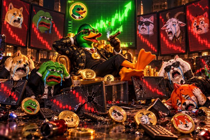 A surreal, AI-generated scene depicts a duck-headed figure in a suit smoking a cigar in a lavish room, surrounded by monitors showing red downward graphs and distressed doge and Pepe characters.