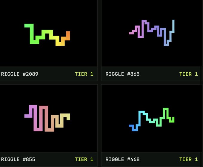 Four pixel art zigzag patterns labeled as RIGGLE tokens (#2089, #865, #855, #468), each marked as TIER 1 with gradient color schemes of green/yellow, purple/blue, pink/orange, and blue/green.