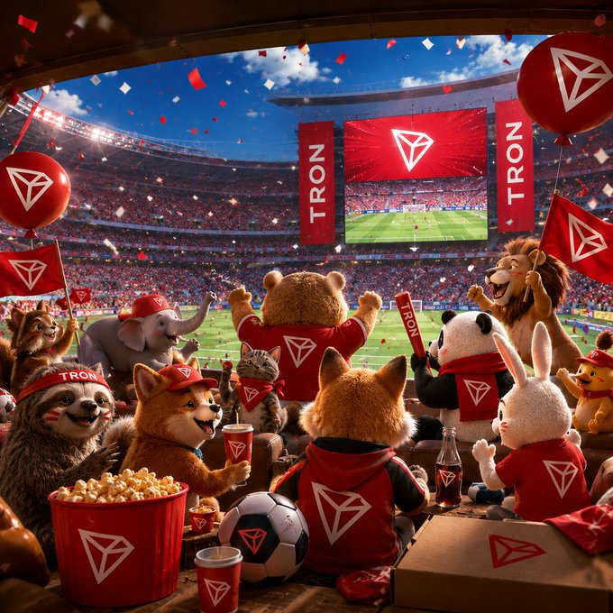 An animated scene of various anthropomorphic animals (bears, a Shiba Inu, a panda, a lion, and others) wearing red TRON-branded jerseys and cheering in a packed stadium, with a "TRON" logo displayed on the main screen and on banners and balloons throughout the venue.

The image ties to the post's message about TRON's exponential growth and surging network adoption by using a lively, cheering crowd of diverse fans in a stadium to symbolize the expanding global user base and rising active wallets.