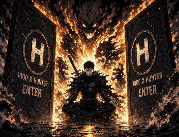 An anime-style illustration shows a character in dark armor meditating in a lotus position, flanked by two stone doors labeled 'H 1000 X HUNTER ENTER' with a fiery demonic entity emerging from behind.