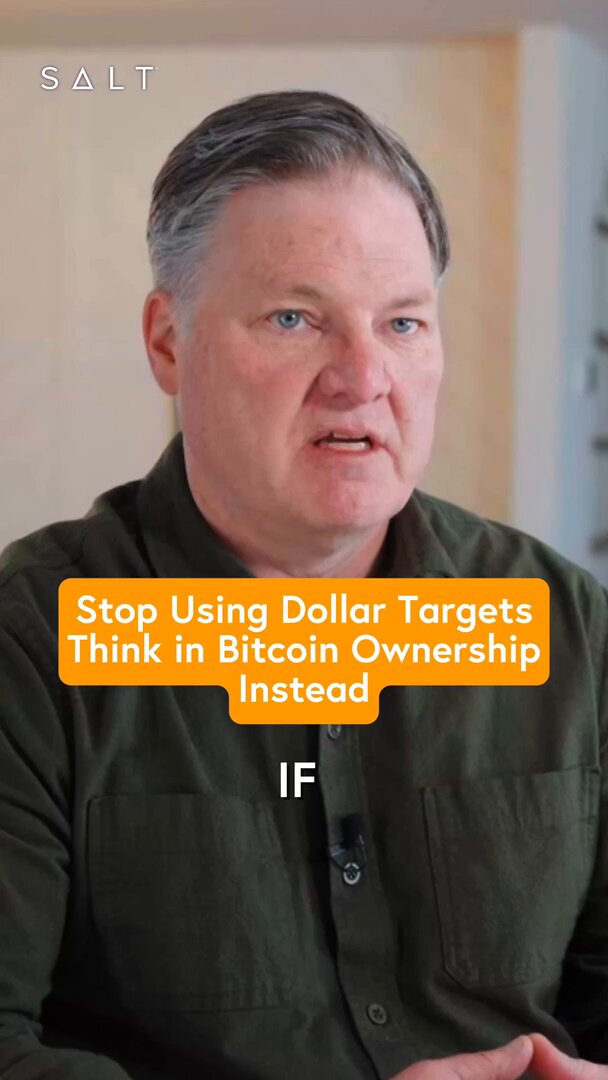 The image features a man wearing a green shirt, who appears to be talking about Bitcoin targets and retirement plans involving Bitcoins. The caption below the image reads "Stop using Dollar targets. Think in Bitcoin ownership instead".