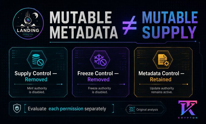 An infographic from Krypton titled 'MUTABLE METADATA ≠ MUTABLE SUPPLY' shows that Supply Control and Freeze Control are removed, while Metadata Control is retained, with 'Evaluate each permission separately' as a key message.