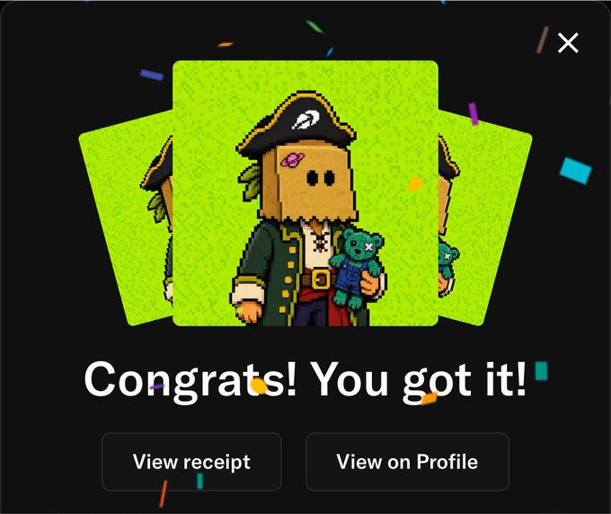 A congratulatory screen reads 'Congrats! You got it!' featuring a cartoon pirate character with a paper bag over its head holding a green teddy bear.