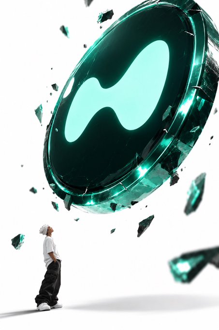 A surreal digital illustration showing a small figure looking up at a massive, cracked glowing green orb with a wavy white symbol, fragments of the orb floating in the air.