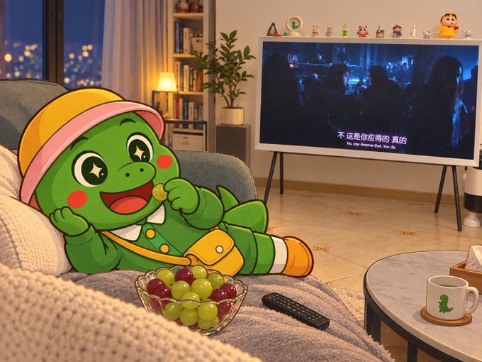 A cartoon-style image shows a green dinosaur character wearing a yellow hat and satchel, eating grapes while lying on a couch and watching a movie scene on TV with Chinese subtitles.