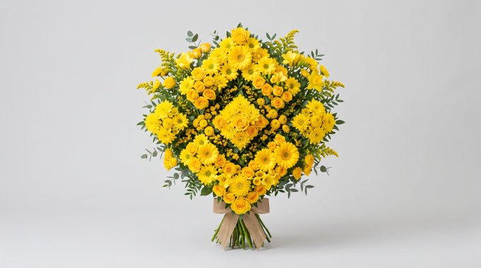 A vibrant bouquet of yellow flowers, including daisies and roses, arranged with green foliage and wrapped at the base with burlap and twine.