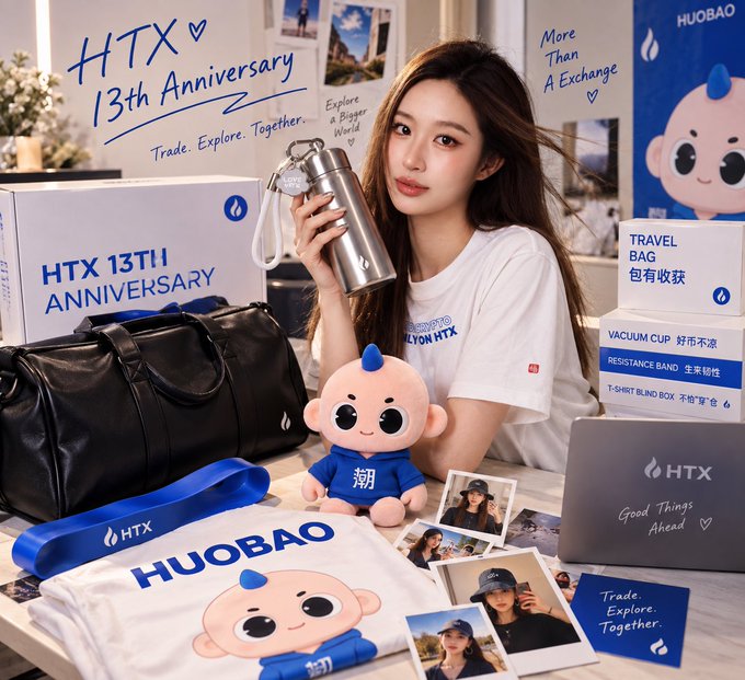 A young woman poses with HTX's 13th Anniversary merchandise—including a travel bag, vacuum cup, HUOBAO plush, and T-shirt—surrounded by branding like "More Than A Exchange," "Trade. Explore. Together.," and "Good Things Ahead." The image ties to the "GM!" post as a cheerful, promotional greeting celebrating the exchange's milestone.