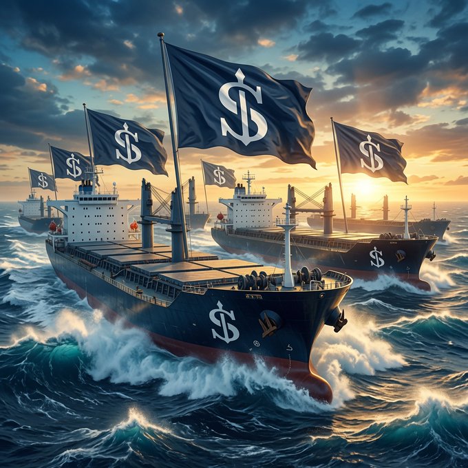 An AI-generated illustration of cargo ships with dollar sign ($) flags sailing on rough seas at sunset.