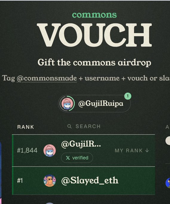 A screenshot of the Commons Vouch page, showing the prompt to "Gift the commons airdrop" by tagging @commonsmade with a username and vouch or slash, with a leaderboard highlighting the user @GujjlRuipa ranked #1,844 and @Slayed_eth at #1. The image illustrates the new vouching feature mentioned in the post, which allows users to sign in and support friends in preparation for a potential airdrop.