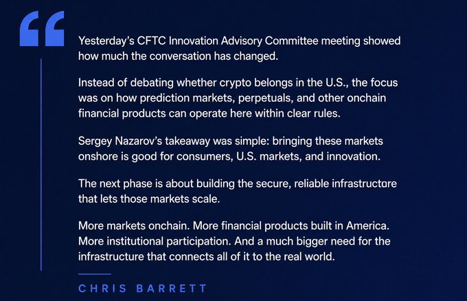 A quote graphic attributed to Chris Barrett discussing the CFTC Innovation Advisory Committee meeting on bringing crypto markets, prediction markets, and perpetual contracts onshore in the U.S.