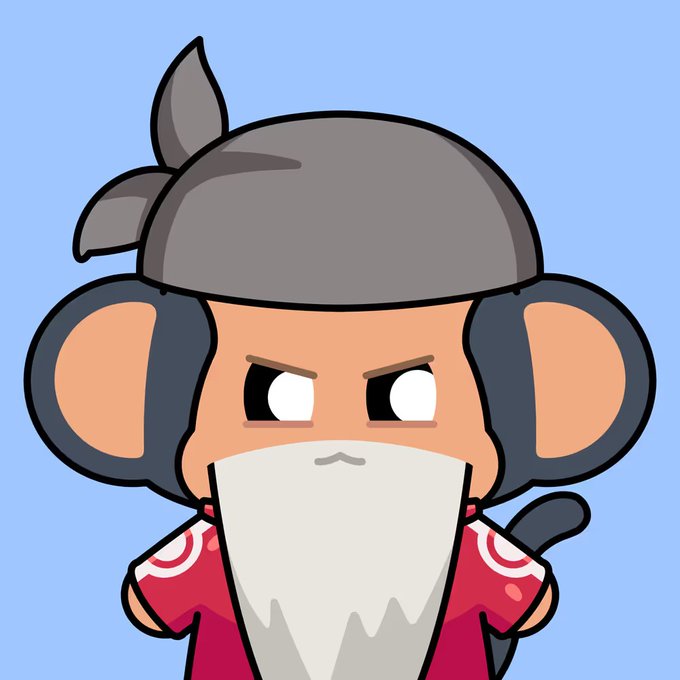 A cartoon character resembling a monkey or pirate with a gray bandana, large ears, a white beard, and a red patterned shirt against a blue background.