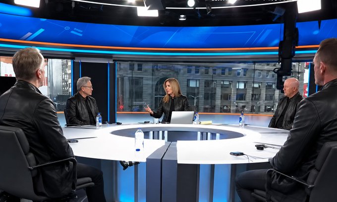 A panel discussion on a Bloomberg-style news set features five leather-jacketed participants seated around a curved desk, with the female host gesturing as she speaks. The image does not appear directly related to the post, which discusses a cryptocurrency market sell-off caused by large wallets dumping their holdings, listing two Ethereum addresses (0x41adb51f9f4e9ee803efcb1fdd417bf42006215f and 0xb2d1af0746c410e146272e804b1741f07f83b851) responsible for the cascading liquidations.