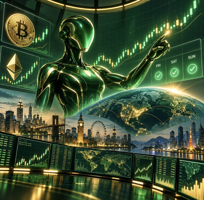 Image 9: A digital illustration of a green robot/AI figure pointing at a financial chart, with Bitcoin and Ethereum logos, city skylines, and world maps in the background.