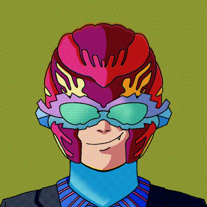 A colorful digital illustration of a character wearing an ornate red, pink, and gold helmet/mask with teal visor lenses against a dotted yellow-green background.