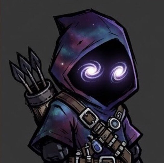 A stylized illustration of a hooded figure wearing a galaxy-patterned purple and blue cloak, with glowing spiral eyes and a quiver of arrows on their back.