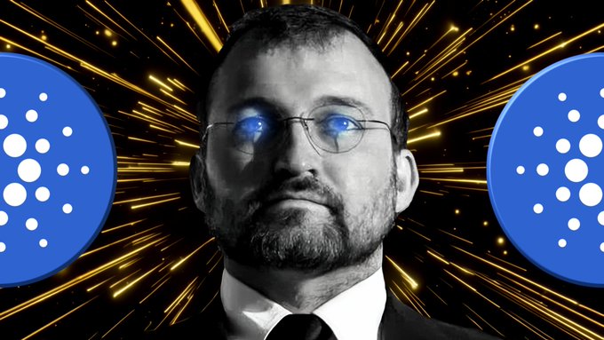 A black-and-white portrait of Charles Hoskinson, the founder of Cardano, with glowing blue reflections in his glasses and two blue Cardano (ADA) logos flanking him against a dynamic background of golden light streaks, visually reinforcing the post's announcement about his experiments with ADA-based recovery smart contracts and zero-knowledge proofs.