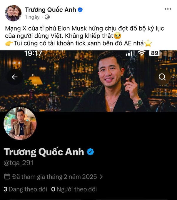 A Facebook post by verified user Trường Quốc Anh (@tqa_291), joined February 2025, comments in Vietnamese on Elon Musk's X platform facing a record surge of Vietnamese users, and points to his blue checkmark account (@tqa_291) as proof of his credentials among friends. The accompanying text about a wave of Web2 celebrities crossing over aligns with his post, which celebrates early verified adopters like himself riding the user influx.
