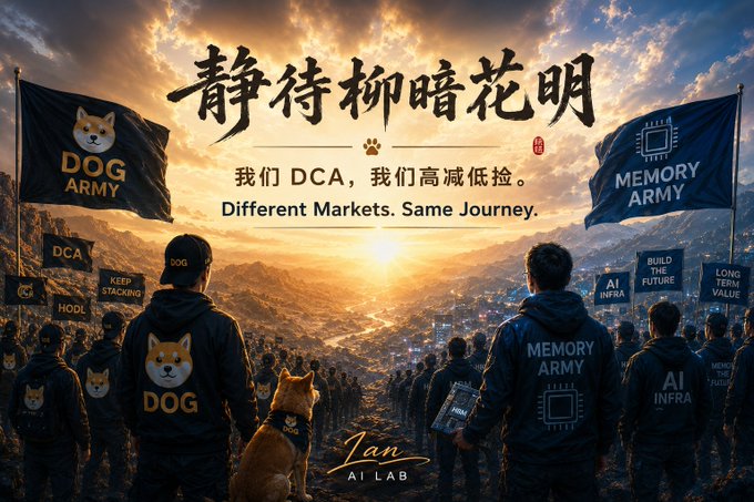 Dramatic cinematic illustration showing two factions - 'DOG ARMY' with Shiba Inu flags and 'MEMORY ARMY' with people holding signs - facing off against a sunset, with Chinese text '静待柳暗花明' and 'Different Markets. Same Journey.' signed 'Ian AI LAB'.