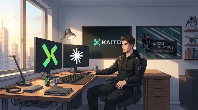 An anime-style illustration depicts a young man at a desk with dual monitors, with 'KAITO' and 'AXIS ROBOTICS - THE FUTURE IS ROBOTICS' displayed on the screens and a poster behind him.