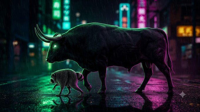 A neon-lit cyberpunk scene featuring a large glowing bull with green and pink hues walking alongside a small dog on a rain-soaked city street at night.