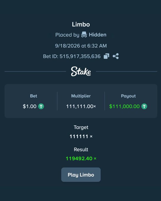 A Stake casino screenshot showing a Limbo bet of $1.00 with a multiplier of 111,111.00x, resulting in a $111,000.00 payout (actual result 119492.40x).
