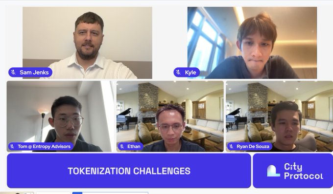 A video conference call titled 'TOKENIZATION CHALLENGES' features five participants: Sam Jenks, Kyle, Tom @ Entropy Advisors, Ethan, and Ryan De Souza, with the 'City Protocol' logo in the corner.