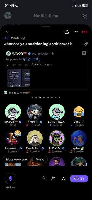 A screenshot of a Twitter Spaces live audio room titled "what are you positioning on this week" hosted by MAYOR (@bigmay0r_) with 15 listening, featuring co-hosts KWIN, LORD TENZAI, and speakers including Vex0, Emmanuel, Theobulls, Bob3x.Art, and q dus.