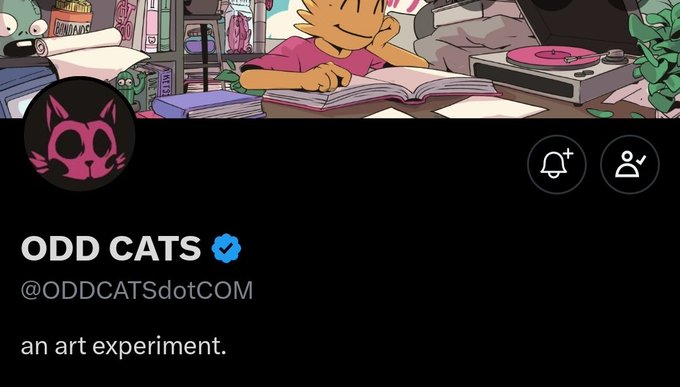 The image shows the Twitter/X profile of "ODD CATS" (@ODDCATSdotCOM) with a banner featuring a cat studying at a desk and a pink skull-cat avatar, described as "an art experiment." This profile serves as the official account being promoted in the post, which announces GTD (guaranteed) mint spots for the Odd Cats PFP NFT collection launching July 31 at 9 AM PST.