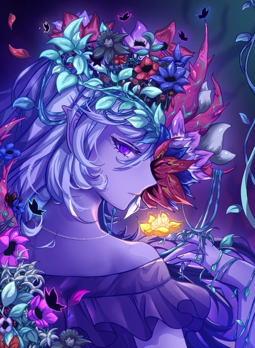 A digital illustration of an anime-style character with purple skin and lavender hair, adorned with an elaborate floral crown of blue, pink, and red flowers.
