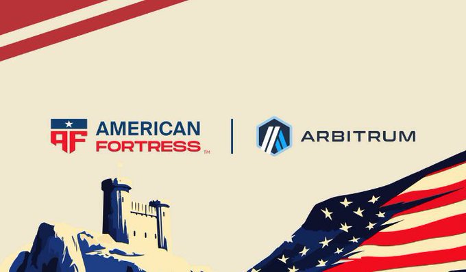 A promotional graphic featuring American Fortress and Arbitrum logos alongside illustrations of a castle and an American flag.